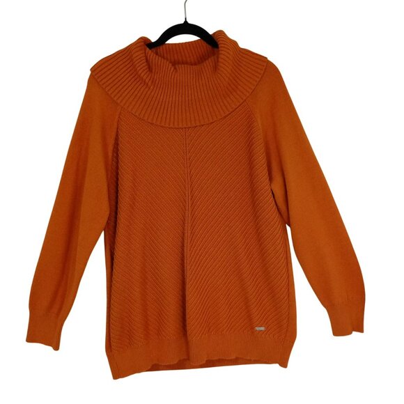 Calvin Klein Sweater Mustard Ribbed Cowl Neck Womens Size L Cotton Blend - Picture 1 of 10